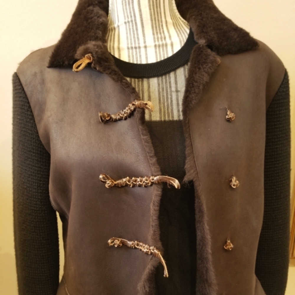 Maurizio Pecoraro Brown Lamb Wool Sweater Coat with Knit Horizontal Ties